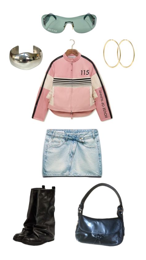 Pink racer jacket mini skirt outfit, black leather accessories, gold jewelry #fashion#styling#outfitinspo#dreamstyle#uniquestyle#streetstyle Pink Racer Jacket, Mini Skirt Outfit, Racer Jacket, Accessories Gold, Miniskirt Outfits, Fashion Styling, Skirt Outfit, Gold Jewelry Fashion, Skirt Outfits