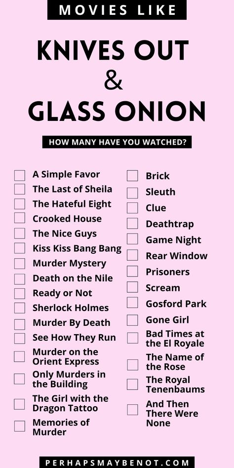 Get ready for a movie experience like no other! 🍿 These mind-blowing films, including Knives Out and Glass Onion, will leave you on the edge of your seat and guessing until the end. 💡 Unravel the mysteries and enjoy these must-watch movies today! 🔍 Mystery Movies To Watch List, Mystery Movies To Watch, Sites For Movies, Knives Out Glass Onion, Best Mystery Movies, Spring Movies, Must Watch Movies List, Knives Out, Mystery Books Worth Reading