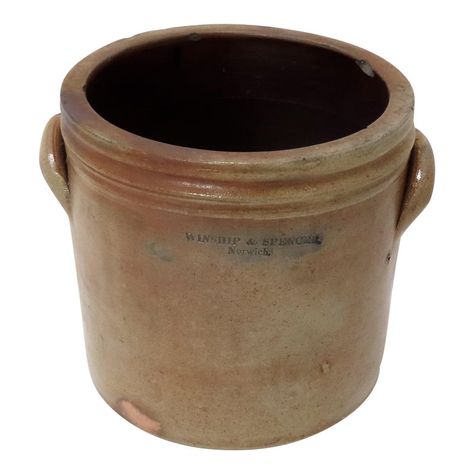 This is a Great Looking Antique Early American Salt Glaze Stoneware Storage Jar - Crock. With "Ears" - Handles. Circa Late 19th Century. The Front is Embossed with Blue Decorated Highlights - WINSHIP & SPENCER, NORWICH ( Connecticut ). It is in Very Good Structurally Strong - Sound Condition with No Cracks - Displays Very Nicely. It has a Few Small Chips at the Top Rim Area - 1 at the Base Perimeter and 2 on the Lower Portion of One Handle All of Which Would have Occurred with Normal Use Over th Norwich Connecticut, Butter Churns, Churning Butter, Stoneware Crocks, American Antiques, Funky Junk, Storage Jar, Country Primitive, Early American