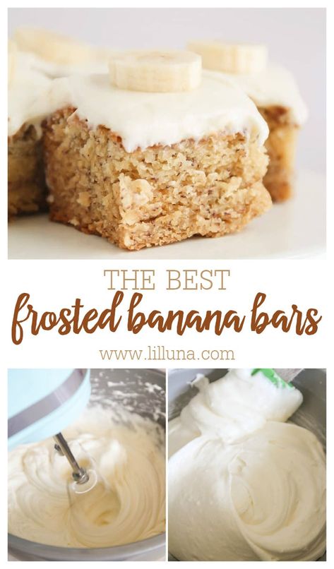 If you like bananas, you'll LOVE these banana bars. Frosted with the most amazing cream cheese frosting, these moist and rich bars are irresistible! #frostedbananabars #bananabars #bananabread #creamcheesefrosting Banana Bars With Cream Cheese Frosting Easy, Banana Bread Bars With Cream Cheese, Banana Bars With Cream Cheese Frosting, Easy Banana Bars, Frosted Banana Bars, Kitchen Walnut, Breakfast Ring, Cinnamon Roll Frosting, Dessert Banana