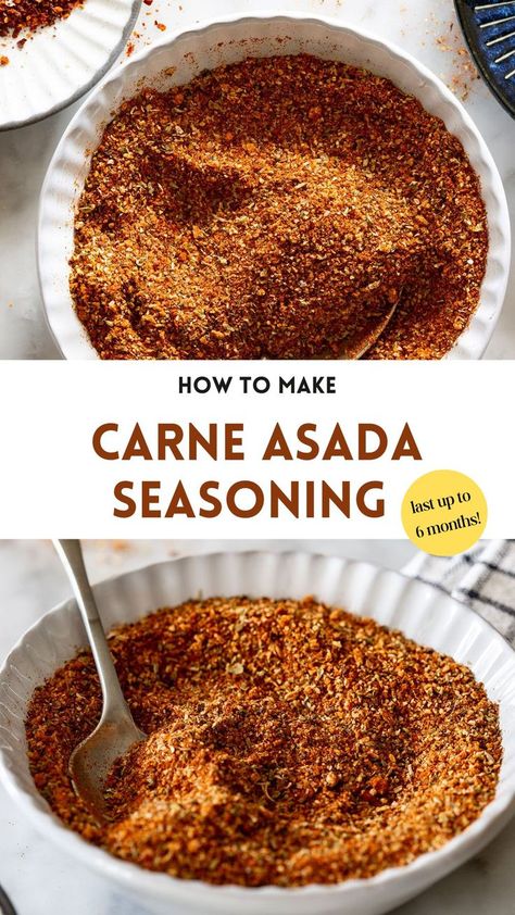 collage of carne asada seasoning with text overlay Asada Seasoning Recipe, Carne Asada Seasoning, Homemade Carne Asada, Authentic Carne Asada, Carne Asada Recipes, Homemade Dry Mixes, Mexican Seasoning, Dry Rub Recipes, Spice Blends Recipes