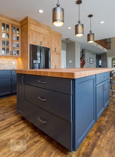 Beautiful Blues Yardley Natural Wood Kitchen Cabinets With Blue Island, Blue Kitchen Cabinets Black Sink, Wood Kitchen Backsplash, Island Cabinets, Hickory Kitchen, Blue Kitchen Island, Two Tone Kitchen Cabinets, Natural Wood Kitchen, Appliance Garage