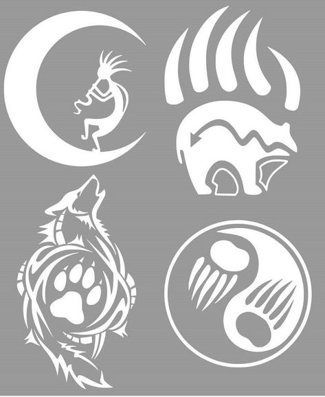 One Native American Zuni Vinyl Decal for laptop, car window, mirror, doors, mailbox  etc. Wolf: Size approximately 2.75" wide 5" tall Bear Claw: Size approximately 3.75" wide 5.25" tall Bear Paw Yin Yang: Size approximately 5.75" wide 5.75" tall Kokopelli: Size approximately 4.5" wide 5" tall Wolf in Moon: Size approximately 5.5" wide 6" tall Wolf Moon: Size approximately 5.75" wide 5.75" tall Made using BEST QUALITY Permanent Vinyl (Oracal 651) rated 5-7 year outdoor lifespan. Please Note; NOT RESPONSIBLE FOR ANY DAMAGED DECALS DUE TO MISAPPLIED DECALS. Read Directions provided with decal on how to apply successfully. Thank you so much for visiting If you have any questions or requests, send me a message. It will be pleasure to help you. *FREE First Class Shipping to the lower 48 US State Native American Designs Pattern Ideas, Native American Art Pattern, Native Drawings, Native American Art Projects, Wolf Size, American Indian Crafts, Native American Drawing, Mirror Doors, Native American Wolf