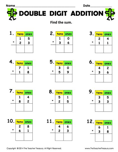 FREE Double Digit Addition (without regrouping) - 2 pages, 12 addition problems each. These pages are great for students who have difficulty with spacing and lining up their numbers. Adding Two Digit Numbers 2nd Grade, Column Addition, Math Doubles, Addition Worksheet, Double Digit Addition, Addition And Subtraction Worksheets, Addition Facts, Math Intervention, Tens And Ones