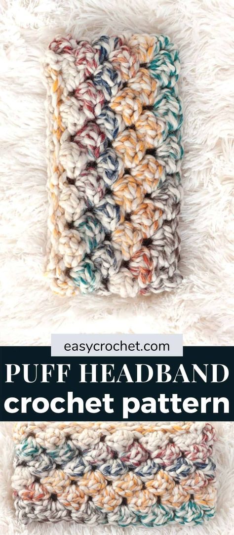 Crochet Ear Warmer Free Pattern, Bulky Yarn Crochet, Crochet Ear Warmer Pattern, Chunky Yarn Crochet, Crochet Headband Free, Puff Stitch Crochet, Stitch Ears, Crochet Hairband, Crochet Headband Pattern Free