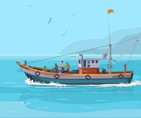 Vector colorful fishing boat on the ocea... | Premium Vector #Freepik #vector #fish-boat #fishing-boat #sea-ship #ship Fishing Boat Art, Tugboat Illustration, Fishing Boat Illustration, Fishing Boat Drawing, Boat Reference, Boat On The Ocean, Ocean Fishing Boats, Fishing Ship, Boat Cartoon