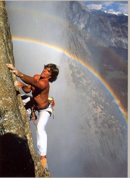 Ron Kauk high on Yosemite Falls (photo: Galen Rowell) WARNING: admire the rainbow, and do not get distracted by this good looking guy :) Galen Rowell, Yosemite Climbing, Rainbow Photo, Yosemite Falls, California Photos, Climbing Gear, Rock Climbers, Mountain Climbing, Photo Vintage