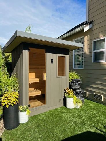 Sauna Attached To House, Outdoor Sauna Small Backyard, Sauna At Home Ideas, Outdoor Sauna Usa, Sauna And Bathroom Combo, Small Outdoor Sauna Diy, Outdoor Sauna And Hot Tub Ideas Backyards, Back Garden Sauna, Small Outdoor Sauna Ideas