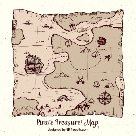 Pirate treasure map in hand-drawn style Free Vector Treasure Map Drawing, Map Drawing Ideas, Treasure Maps For Kids, Treasure Hunt Map, Map Drawing, Pirate Treasure Maps, Santa Claus Images, Maps For Kids, Hand Drawn Map