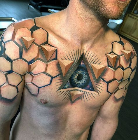 Most Amazing 3D Tattoos Which Will Make You Look Twice Tato 3d, Geometric Chest, Tatoo 3d, Amazing 3d Tattoos, Optical Illusion Tattoo, Embroidery Tattoo, Beautiful Flower Tattoos, Gorgeous Tattoos, 3d Tattoos