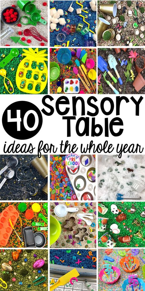 Sensory Table Ideas for the Year - Pocket of Preschool Make Sensory Bins, Sensory Activities Kindergarten Play Ideas, Sensory Ideas For Kindergarten, Prek Sensory Bin Ideas, Preschool All About Me Sensory Bin, A Year Of Sensory Bins, Sensory Bins For Classroom, Sensory Bins Classroom, Sensory Bins For Upper Elementary