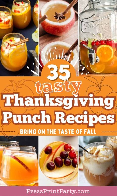 35 Thanksgiving punch recipes for a crowd - Alcoholic and non-alcoholic punch recipes for fall. Great for Thanksgiving dinner, a fall baby shower, or a fall bridal shower. Spice up any fall party with a tasty punch to please your guests. Make your holiday season even more festive with these easy Thanksgiving punch recipes! Perfect for entertaining your family and friends.- Press Print Party!. Thanksgiving Punch Vodka Cocktail, Punch Recipes Thanksgiving, Fall Wine Punch Recipes, Thanksgiving Virgin Drinks, Thanksgiving Beverage Station, Thanksgiving Punch Non Alcoholic Easy, Friendsgiving Punch, Easy Thanksgiving Punch, Thanksgiving Punch Non Alcoholic