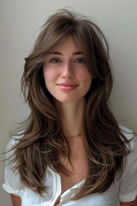 Brown Hair Curtain Bangs, Long Hair Curtain Bangs, Curtain Bangs Hairstyles, Long Curtain Bangs, Hairstyle For Long Hair, Hairstyle Examples, Mom Cut, Kadeřnické Trendy, Hair Inspiration Long