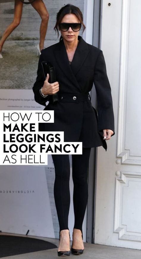 #VictoriaBeckham's secret to making leggings look fancy as hell. #leggings #victoriabeckhamstyle #howtostyleleggings #fallfashion #styletips #comfortableoutfits #easyoutfits #bestleggings Dressy Leggings Outfit, Leggings Outfit Dressy, Making Leggings, Fall Outfit Staples, Leggins Outfit, Dressy Leggings, Black Leggings Outfit, Leggings Outfits, How To Wear Leggings