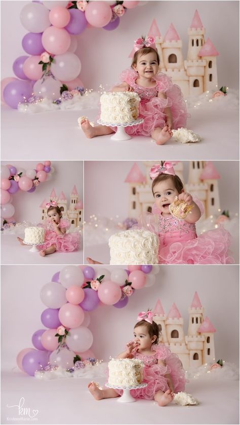 Indy's Cutest Princess: Pink Princess Cake Smash Edition · KristeenMarie Photography Barbie Cake 1 Year, One Year Old Princess Photo Shoot, Princess Theme Cake Smash, Princess Theme Smash Cake, Princess 1st Birthday Photo Shoot, 1st Birthday Girl Princess Theme, Princess Smash Cake 1st Birthday, Princess Photoshoot Ideas, Princess Castle Backdrop