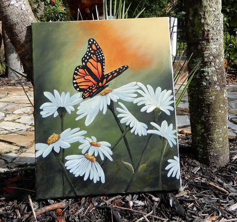 Butterfly Painting Aesthetic, Butterfly On Flower Painting, Butterfly Painting Easy, Monarch Butterfly Painting, Butterfly Painting On Canvas, Sunny Background, Butterfly Oil Painting, Butterfly Acrylic Painting, Flower Painting On Canvas