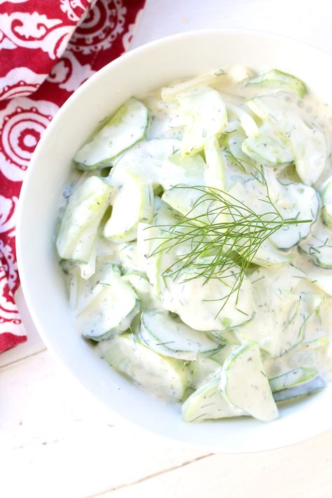 Creamy German Cucumber Salad - The Daring Gourmet German Cucumber Salad, Cucumber Dill Salad, Salad Recipes Low Carb, Salad Cucumber, Dill Recipes, Creamed Cucumbers, Cucumber Salad Recipe, Creamy Cucumber Salad, Cucumbers And Onions