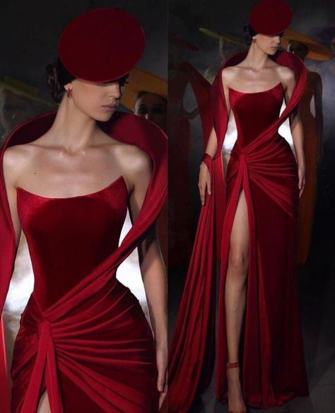 Red Dress High Fashion, Red Gown With Gloves, Red Velvet Dress Aesthetic, Bodycon Gown Long Classy, Long Gown Ideas, Dark Red Outfit, New Year Party Outfit, Hollywood Glam Dress, Red Dress Classy