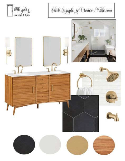 Black Bathroom Floor Gold Fixtures, Black White Wood Gold Bathroom, Black Hexagon Tile Bathroom White Vanity, Bathroom Gold And Black Fixtures, Black Hexagon Tile Bathroom Floor, Black White Gold Bathroom, Black Hexagon Tile Bathroom, Black White And Gold Bathroom, Oak Vanity Bathroom