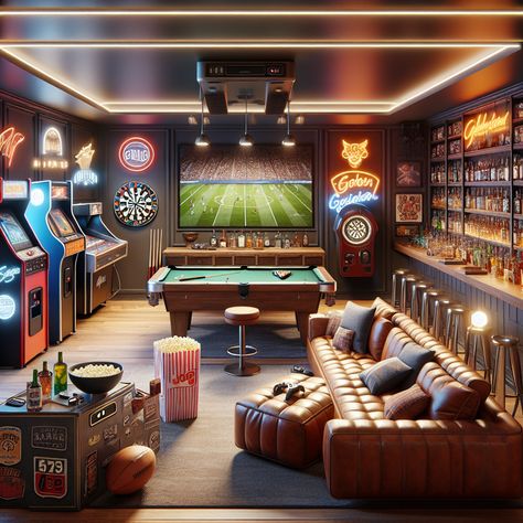 This ultimate man cave boasts a minibar, TV sports, pool table, gaming arcade, and VR corner, all wrapped in sports memorabilia decor. Let the jukebox play as you chill in the cozy, ambient setting. #ManCave #HomeBar #GameRoom #SportsDen #RetroArcade #VRGaming Arcade Room In House, Basement Arcade, Basement Music Room, Man Cave Arcade, Gaming Arcade, Sports Pool, Pool Table Room, Cave Room, Male Aesthetic