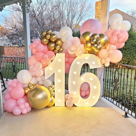 Parties And Events | Mod Balloons | United States 16 Marquee Numbers With Balloons, Sweet 16 Outdoor Decorations, Birthday Decor Sweet 16, Pink Sweet 16 Balloons, Sweet 16 Balloon Ideas, Enchanted Garden Sweet 16 Party Ideas, Sweet 16 Neon Sign, Quince Balloon Arch, Sweet 16 Party Backdrop Ideas