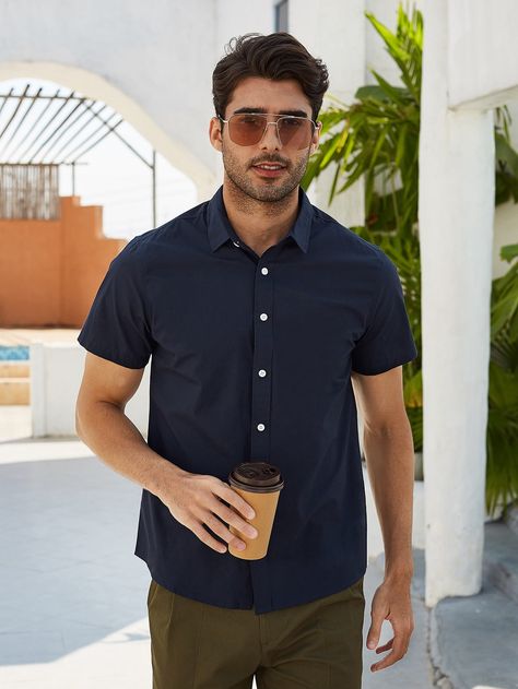 Navy Blue Basics  Short Sleeve Cotton Plain Shirt Embellished Non-Stretch Summer Men Tops Men’s Short Sleeve Button Up, Mens Short Sleeve Button Up Outfit, Button Up Shirt Men Outfits, Short Sleeve Button Up Men, Short Sleeve Shirt Outfit, Engineer Clothes, Patrick Bateman, Mens Business Casual Outfits, Shirt Outfit Men