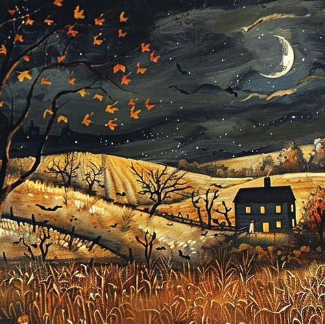 Night Time Illustration Art, Cute Halloween Landscape, Autumn Illustration Art, Fall Illustration Art, Autumnal Art, Fall Folk Art, Comfy Art, Autumn Art Ideas, Halloween Landscape