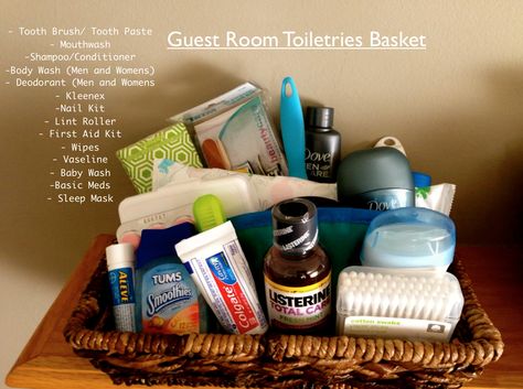 Toiletries Basket For Guests, Guest Baskets, Guest Toiletries, Toiletries Basket, Guest Room Baskets, Guest Basket, Guess Room, Guest Room Essentials, Guest Quarters