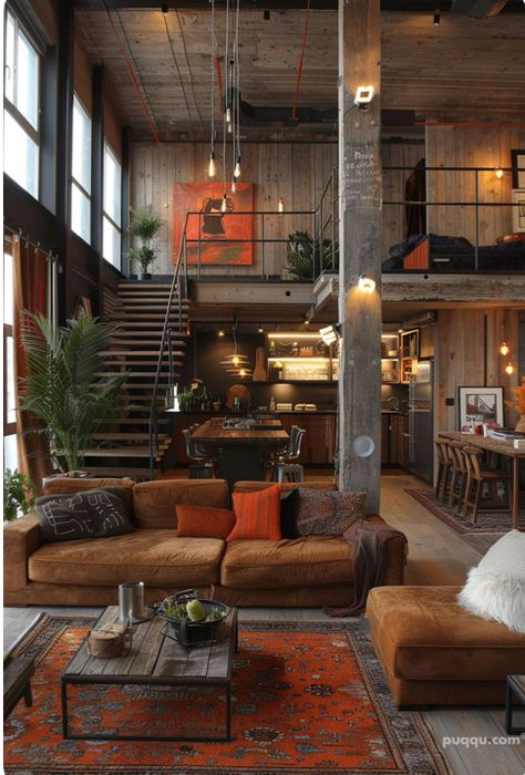 Modern Loft House Design, Modern Industrial House, Modern Loft House, Loft Apartment Industrial, Loft Apartment Decorating, Rustic Tiny House, Loft House Design, Loft Interior Design, Loft Interiors