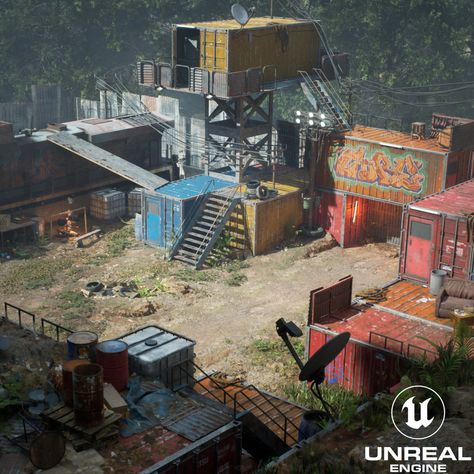 Post Apocalyptic Hideout, Industrial Post Apocalyptic, Apocalypse Town Concept Art, Apocalypse House Concept Art, Apocalypse City Concept Art, Apocalypse Base Camp, Post Apocalyptic Town Concept Art, Future Apocalypse Concept Art, Post Apocalyptic World Building