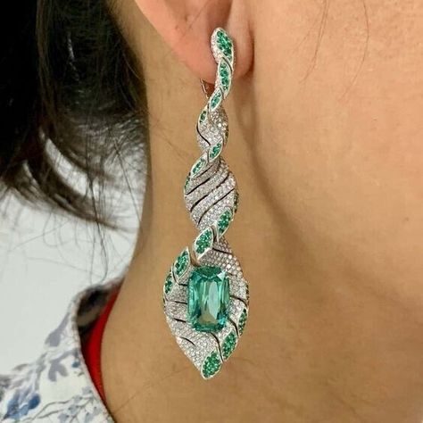 Lab Created Paraiba Tourmaline & Diamonds Emeralds DNA Earrings for Women Silver Dna Earrings, High Jewelry Design, Long Diamond Earrings, Jewlery Earrings, Diamond Chandelier Earrings, Diamond Earrings Design, Jewellery Design Sketches, Green Pictures, Silver Diamond Earrings