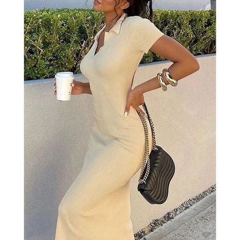 Ribbed Maxi Dress with Collar, Short Sleeves, Cut out Back with Tie. Available in Black and Cream. Sizes XS-2XL. Standard Delivery 3 Weeks Basic Bodycon Dress, Modele Fitness, Wrapped Skirt, Midi Dress Fall, Y2k Clothes, Body Con Dress, Bodycon Maxi Dresses, Neck Bodycon Dress, Split Dress