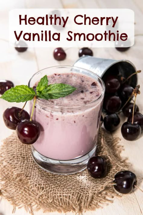 This delicious, healthy cherry vanilla smoothie is perfect for a sweet morning pick-me-up. It's different from the usual berry smoothie, but still contains antioxidants and other healthy stuff. Go ahead! Indulge in this fun smoothie. #smoothierecipes #cherryrecipes #cherryvanillasmoothie #healthyrecipes #healthydiet #realfood Cherry Vanilla Smoothie, Vanilla Smoothie Recipes, Sweet Morning, Vanilla Smoothie, Cherry Smoothie, Cherry Vanilla, Smoothie Drink Recipes, Healthy Drinks Smoothies, Berry Smoothie