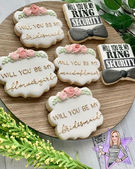 Wedding Party Proposal Cookies, Will You Be My Bridesmaid Cookie, Will You Be My Bridesmaid Cookies, Be My Bridesmaid Cookies, Bridesmaid Proposal Cookies, Bridesmaid Cookies, Proposal Party, Groomsman Proposal, Heart Shaped Cookies