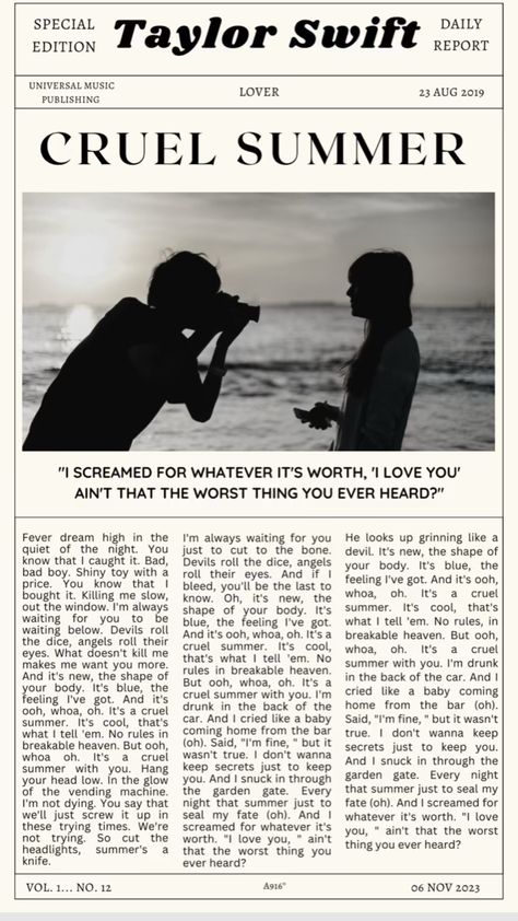 @shahriya21012 Taylor Swift Newspaper Aesthetic, Taylor Swift Seven Aesthetic, Cruel Summer Quotes, Taylor Swift Lyric Poster Aesthetic, Taylor Swift Songs Poster, Taylor Swift Cruel Summer Wallpaper, Cruel Summer Taylor Swift Aesthetic, Cruel Summer Poster, Taylor Swift Newspaper