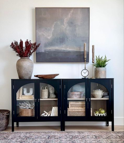 Artwork Over Console Table, Sitting Room With Bar Cart, Black Credenza Dining Room, Dinning Room Sideboard Decor Ideas, Dinning Room Buffet Table Ideas Decor, Dinning Room Buffet Cabinet, Sideboard Open Shelves, Billie Rug, Table Top Decor Ideas