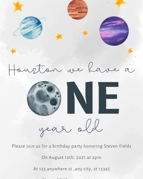 Houston we have a One year Old Birthday #Vfccreativedesigns #DigitalInvitations #InvitationDesign #Cutedesigns #Partyevites #birthdayevites #babyshowerevites #weddingevites #bridalshower #partyevites Space First Birthday, One Year Old Birthday, Paw Patrol Birthday Invitations, Wedding Evites, Space Birthday Invitation, World Party, Space Birthday, Paw Patrol Birthday, 1st Birthday Invitations