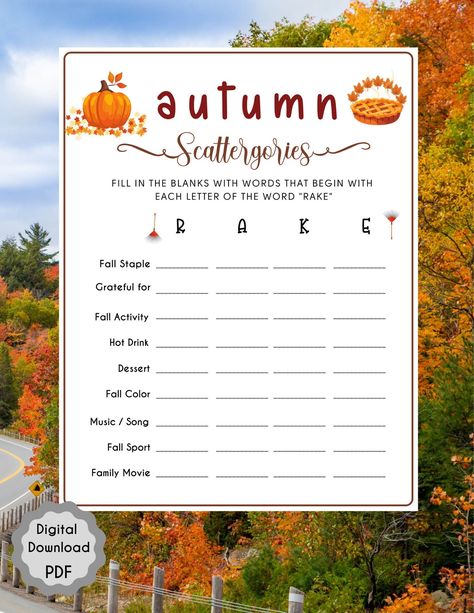 Autumn Scattergories Game | Fall Fun Game | Party Games | Family Activity Family | Zoom Party | Icebreaker | Instant Download l Thanksgiving Fall Party Games, Scattergories Game, Sleepover Party Games, Summer Party Games, Free Family Activities, Pool Party Games, Graduation Party Games, Fall Games, Holiday Party Games