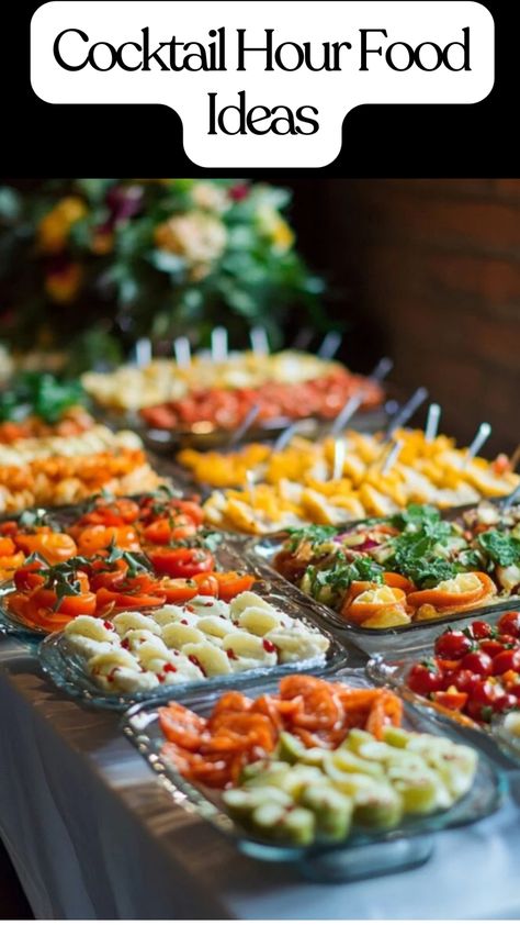 A close-up of unique cocktail hour food ideas displayed on an elegant wedding table with wine glasses. Cocktail Night Food Ideas, Appetizer For Cocktail Party, Cocktail Food Ideas Wedding, Wedding Reception Appetizers Diy, Cocktail Party Menu Ideas Finger Foods, Easy Finger Foods For Wedding Reception, Cocktail Stick Food, Easy Wedding Hors D’oeuvres, Cocktail Hour Horderves