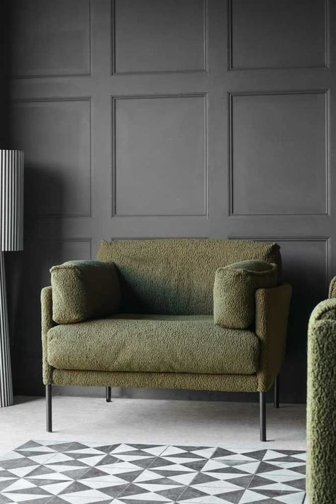 Olive Chunky Boucle Armchair | Rockett St George Green Armchair Living Room, Boucle Armchair, Green Living Room, Striped Upholstery Fabric, Brown Rooms, Office Armchair, Luxe Lounge, Green Armchair, Rockett St George