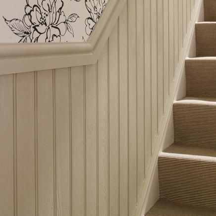 Wall Panelling | Mouldings | Doors & Joinery | Howdens Joinery Wall Panelling Up Stairs, Tongue And Groove Stair Panelling, Tongue And Groove Panelling Staircase, Stair And Landing Panelling, Hall Ways Ideas Panelling, Wall Panelling Hallway Stairways, Wall Panelling Styles, Tongue And Groove Hallway Stairs, Hallway Panelling Stairs