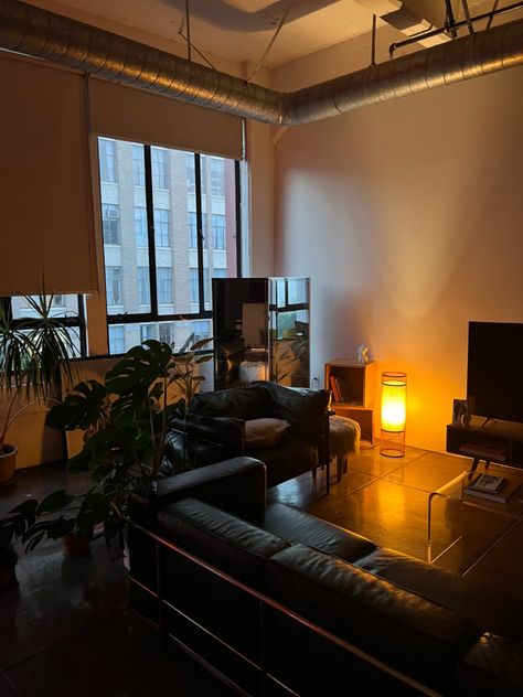 Loft Apartment Lighting Ideas, Loft Apartment Aesthetic Modern, Vintage Loft Decor, Musician Loft Apartment, Low Lighting Apartment, Artistic Apartment Aesthetic, Dark Loft Aesthetic, Men’s Loft Apartment, Loft Apartment Aesthetic Minimalist