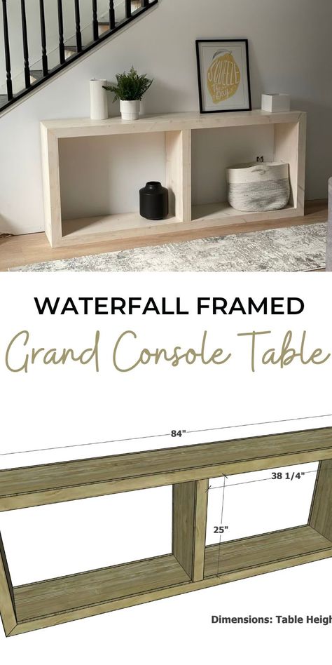 Diy Pallet Console Table, Waterfall Table Behind Couch, Diy Wooden End Tables Living Rooms, Diy Entryway Table Plans, Diy Modern Entryway Table, Built In Console Table, Diy Waterfall Entry Table, Diy Extra Long Sofa Table, Built In Tv Console Ideas