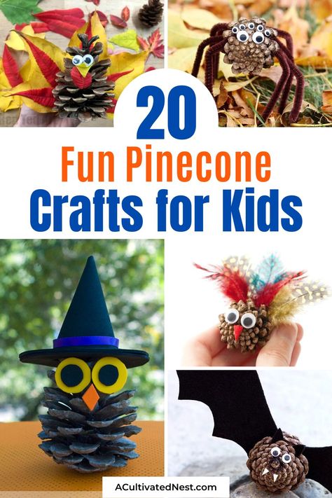 20 Fun Pinecone Crafts for Kids-Want a fun, easy, and inexpensive fall kids craft? Then you have to check out these fun pinecone crafts for kids! There are so many cute autumn crafts they can make with pinecones! | #craftsForKids #fallDIYs #kidsCrafts #pinecones #ACultivatedNest Animal Pinecone Crafts, Crafts Made From Pine Cones, Pinecone Fall Crafts For Kids, Halloween Pine Cone Crafts, Kids Pinecone Crafts Christmas, Pine Cone Thanksgiving Crafts, Pine Cone Crafts For Toddlers, Pinecone Crafts For Preschoolers, Halloween Crafts With Pinecones