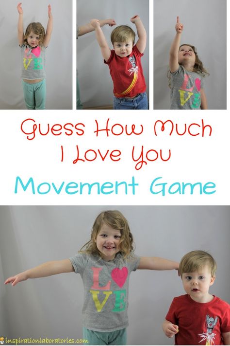 Play a Guess How Much I Love You Movement Game inspired by the book by Sam McBratney Movement Preschool, Preschool Family, Mother's Day Games, Friendship Activities, Gross Motor Activity, Mother's Day Activities, Preschool Valentines, Gross Motor Activities, Valentine Activities