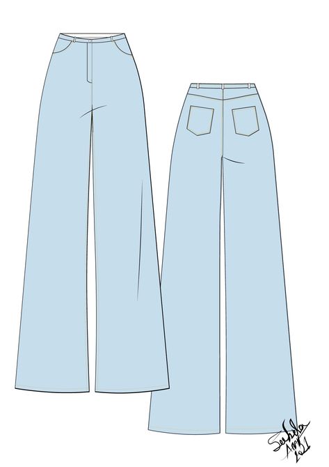 Pants Drawing, Flat Drawings, Flat Sketches, Jeans Light Blue, Weekly Outfits, Illustration Fashion, Wide Jeans, Light Blue Jeans, Fashion Painting