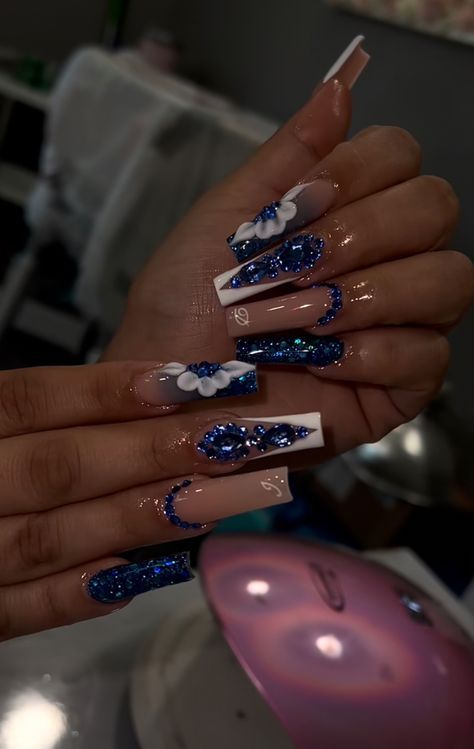 Blue And Silver Nail Designs, Royal Blue Prom Nails, Blue Prom Nails, Quince Nails, Blue And Silver Nails, Quinceanera Nails, Silver Nail Designs, Royal Blue Nails, Dark Blue Nails