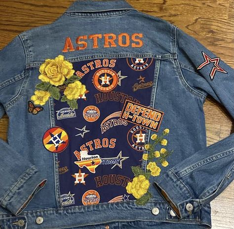 Astros Game Outfit, Jean Jacket Diy, Astros Game, Jacket Diy, Houston Astros Baseball, Astros Baseball, Game Outfit, Embellished Clothing, Lawn Furniture