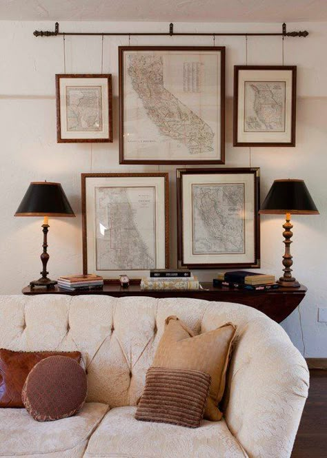 Wall Gallery Art, Decorating With Maps, Framed Maps, Room Decorations, Beautiful Living Rooms, Cool Ideas, Living Room Diy, Gallery Art, Inspired Living