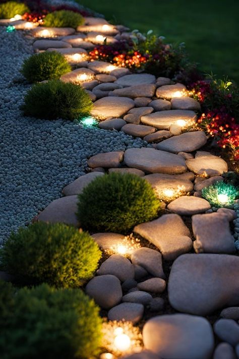 Plants Landscaping Outdoor, Natural Stone Landscaping Ideas, Stone Decoration Ideas Garden, Ideas For Garden Decorating, Walkway Border Ideas, Rock Garden Edging Ideas, Landscape Ideas Cheap, Landscape Pathway Ideas, Tier Garden Ideas